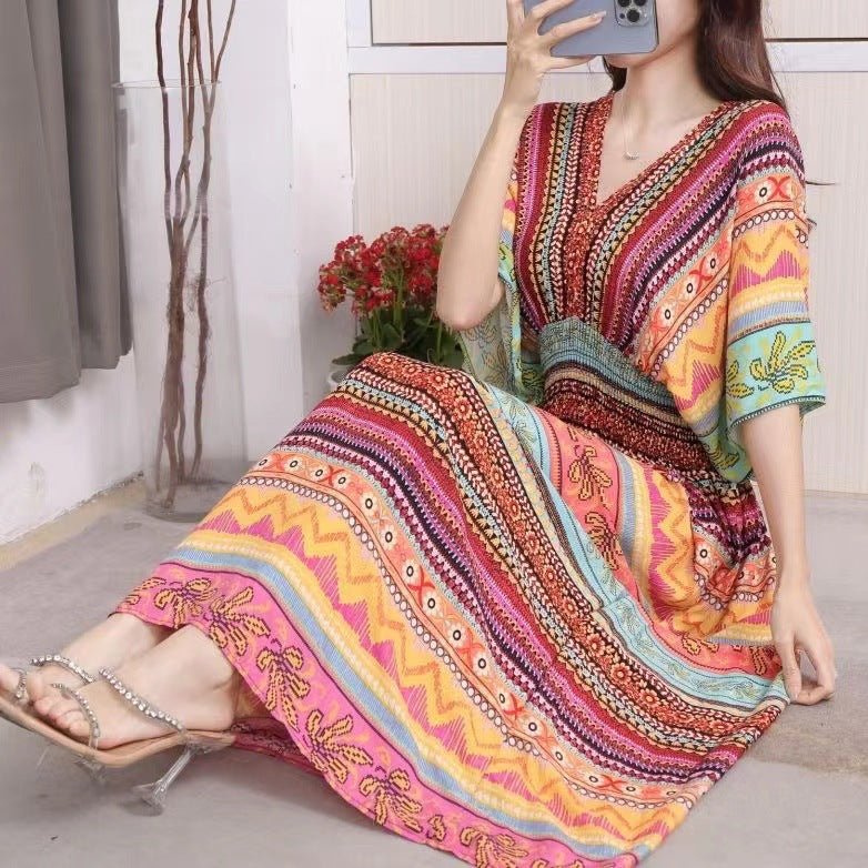 V-Neck Ethnic Print Beach Vacation Dress | Boho Holiday Maxi Dress