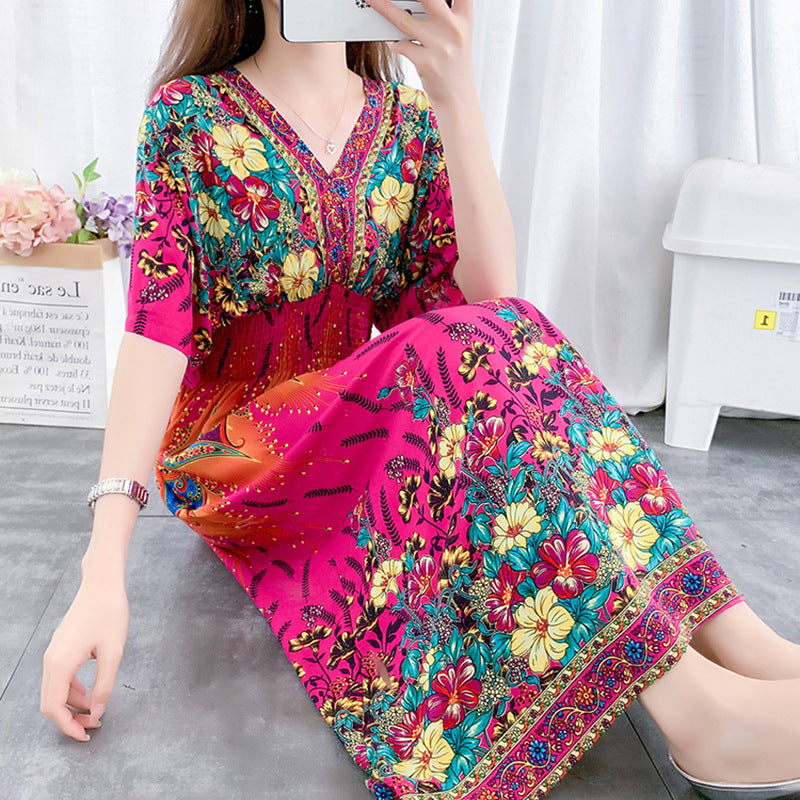 V-Neck Ethnic Print Beach Vacation Dress | Boho Holiday Maxi Dress