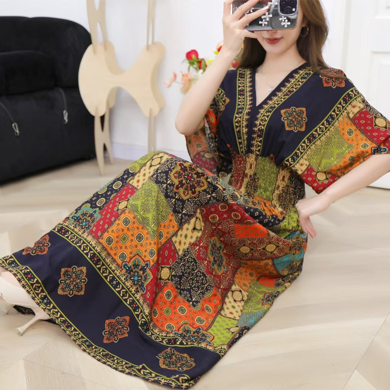 V-Neck Ethnic Print Beach Vacation Dress | Boho Holiday Maxi Dress