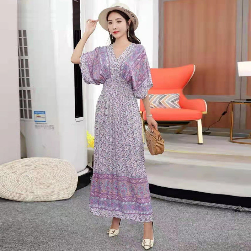 V-Neck Ethnic Print Beach Vacation Dress | Boho Holiday Maxi Dress