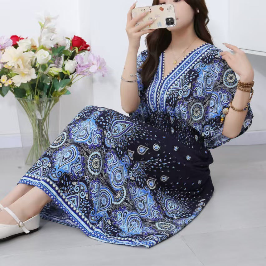 V-Neck Ethnic Print Beach Vacation Dress | Boho Holiday Maxi Dress