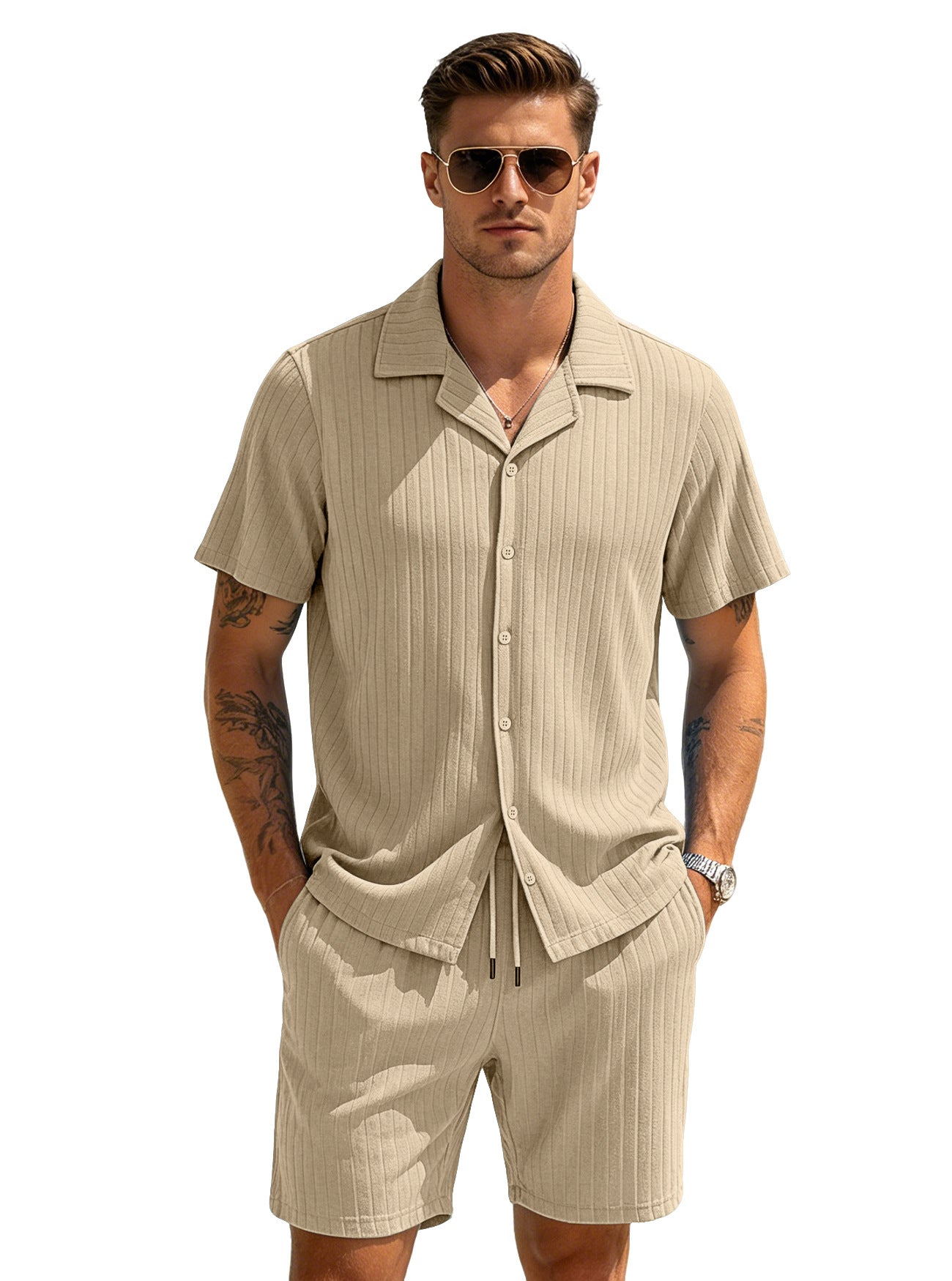 Men's Casual Button-Down Shirt and Shorts Set