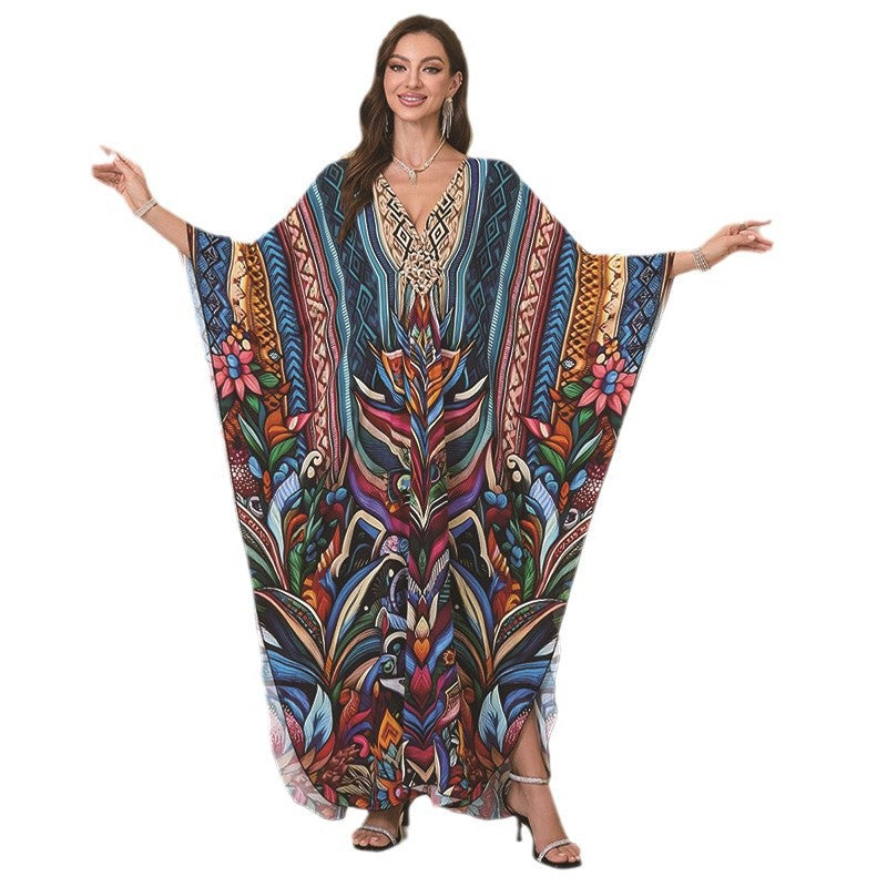 Loose Rayon Beach Cover-Up Dress | Printed Summer Holiday Wrap Dress