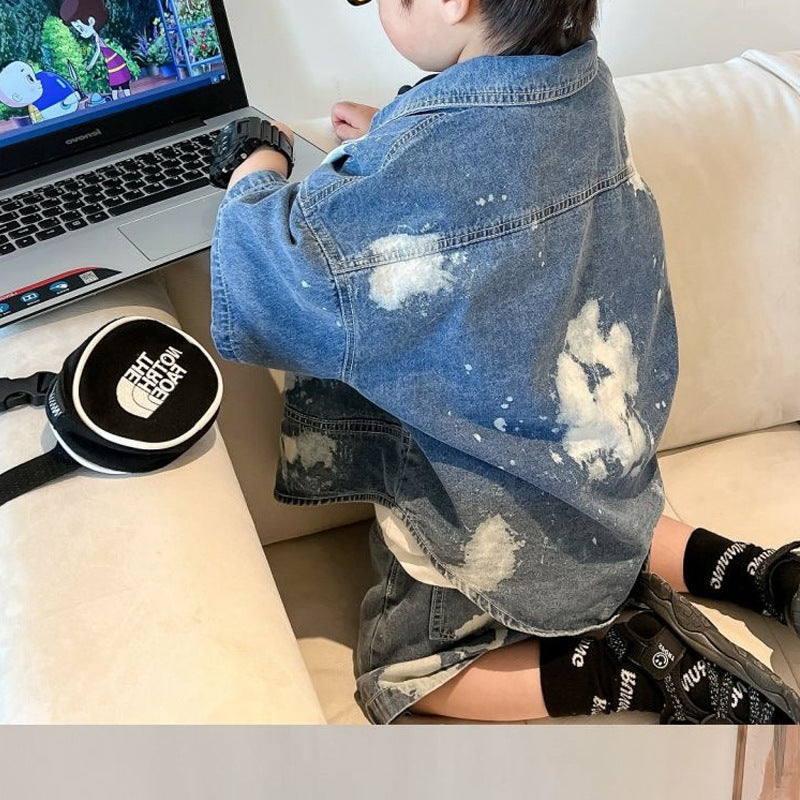 Boys Paint Splattered Denim Jacket and Pants Set