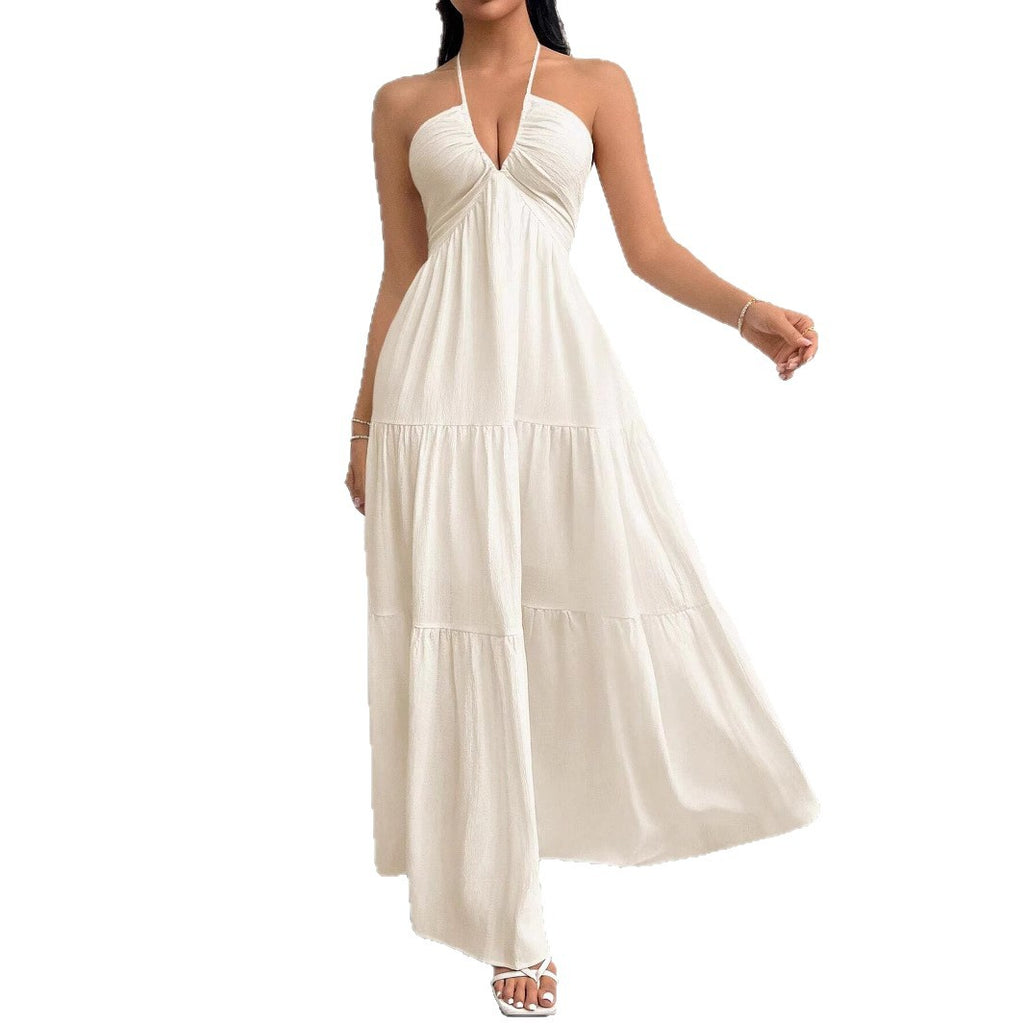 Sexy Backless V-Neck Pleated Beach Dress | Women's Summer Holiday Dress