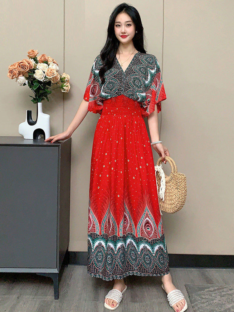 V-Neck Ethnic Print Beach Vacation Dress | Boho Holiday Maxi Dress