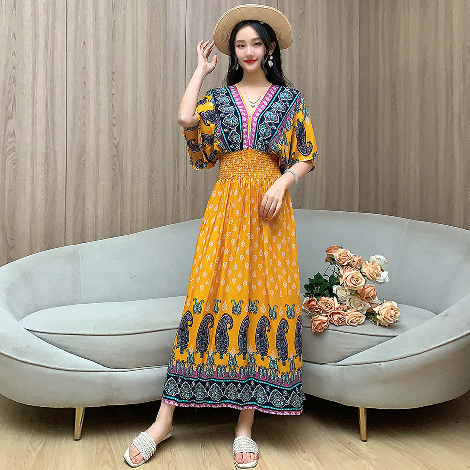 V-Neck Ethnic Print Beach Vacation Dress | Boho Holiday Maxi Dress
