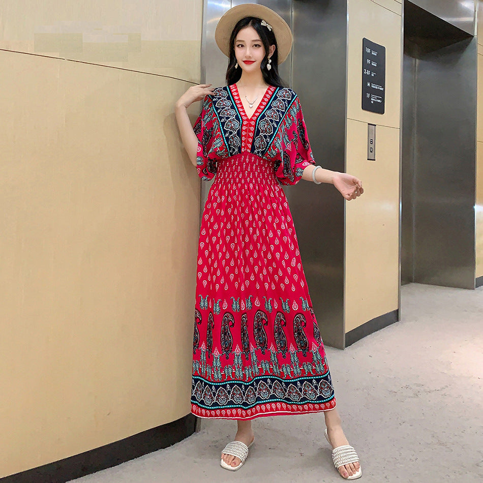 V-Neck Ethnic Print Beach Vacation Dress | Boho Holiday Maxi Dress